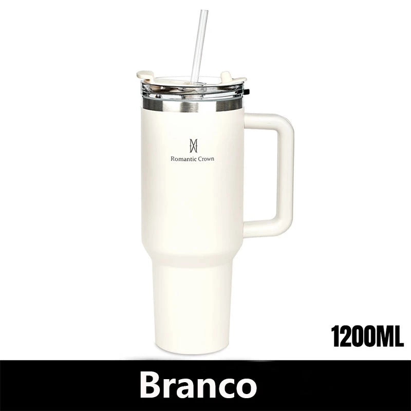 Copo Térmica 1200ML Inox, Com Alça Canudo E Tampa Veda Caneca de Viagem Portátil