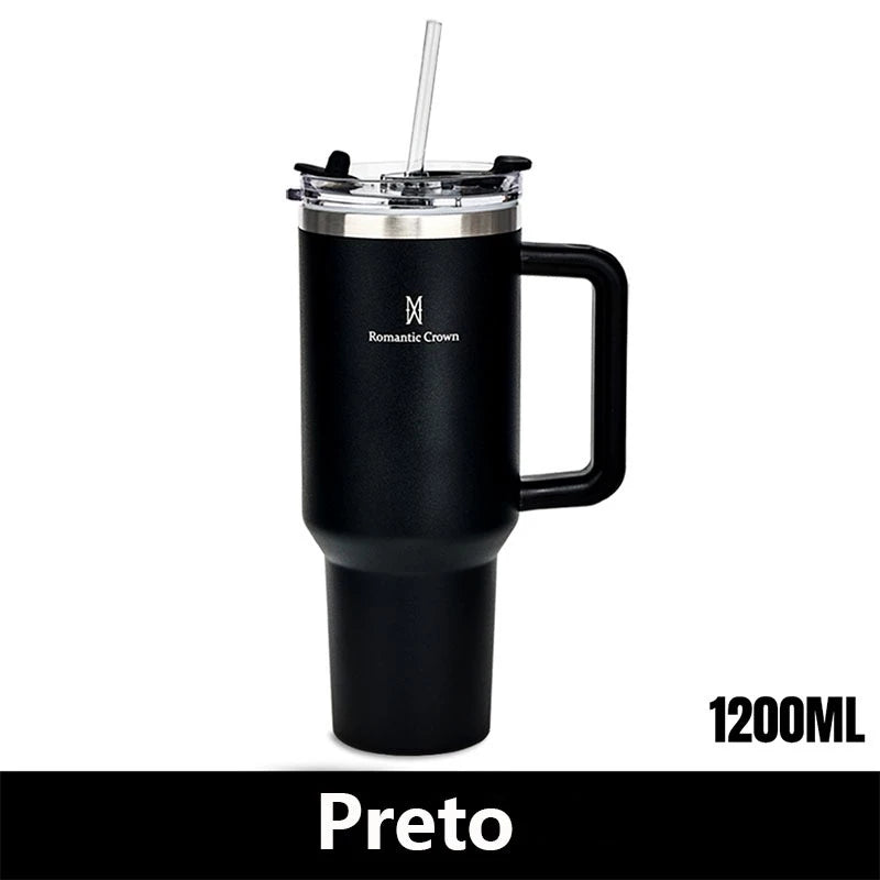 Copo Térmica 1200ML Inox, Com Alça Canudo E Tampa Veda Caneca de Viagem Portátil