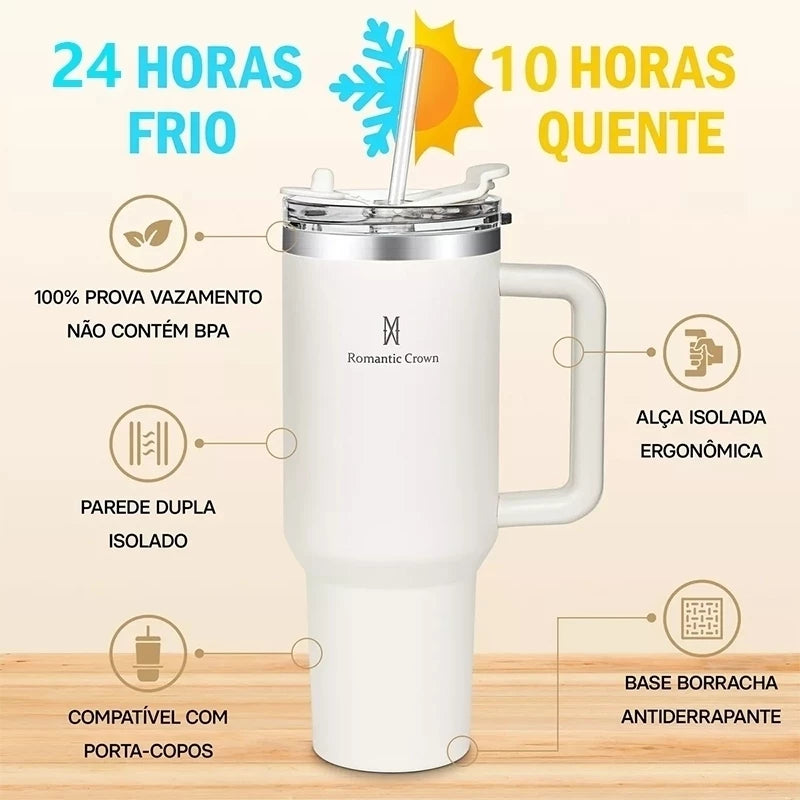 Copo Térmica 1200ML Inox, Com Alça Canudo E Tampa Veda Caneca de Viagem Portátil