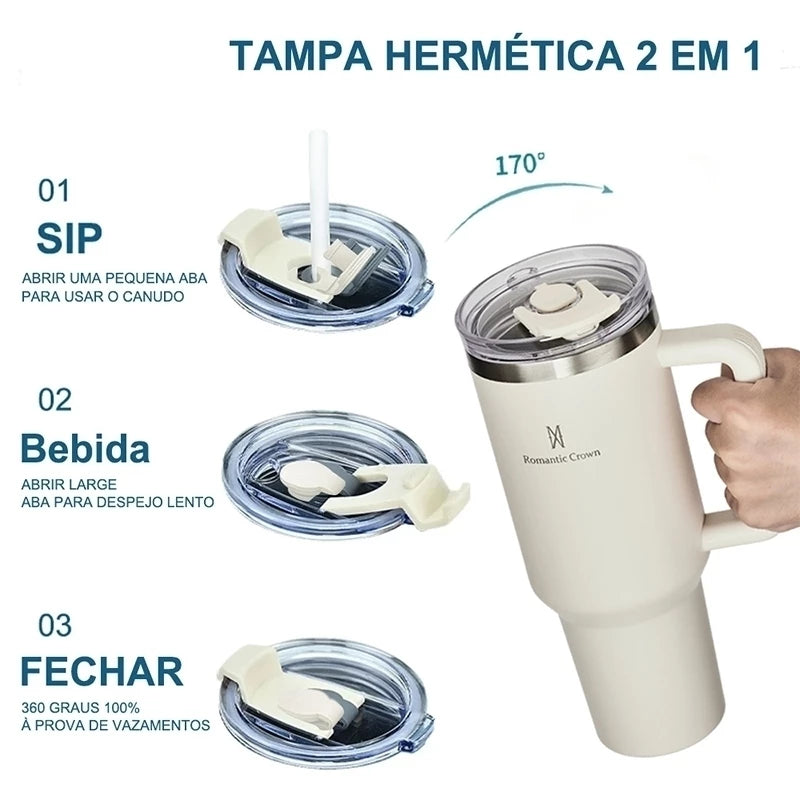 Copo Térmica 1200ML Inox, Com Alça Canudo E Tampa Veda Caneca de Viagem Portátil