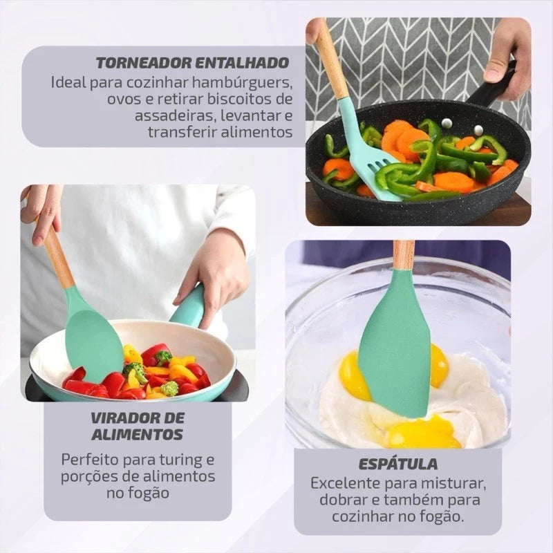 KIT de Utensílios Para Cozinha em Silicone e Bambu 12 Peças