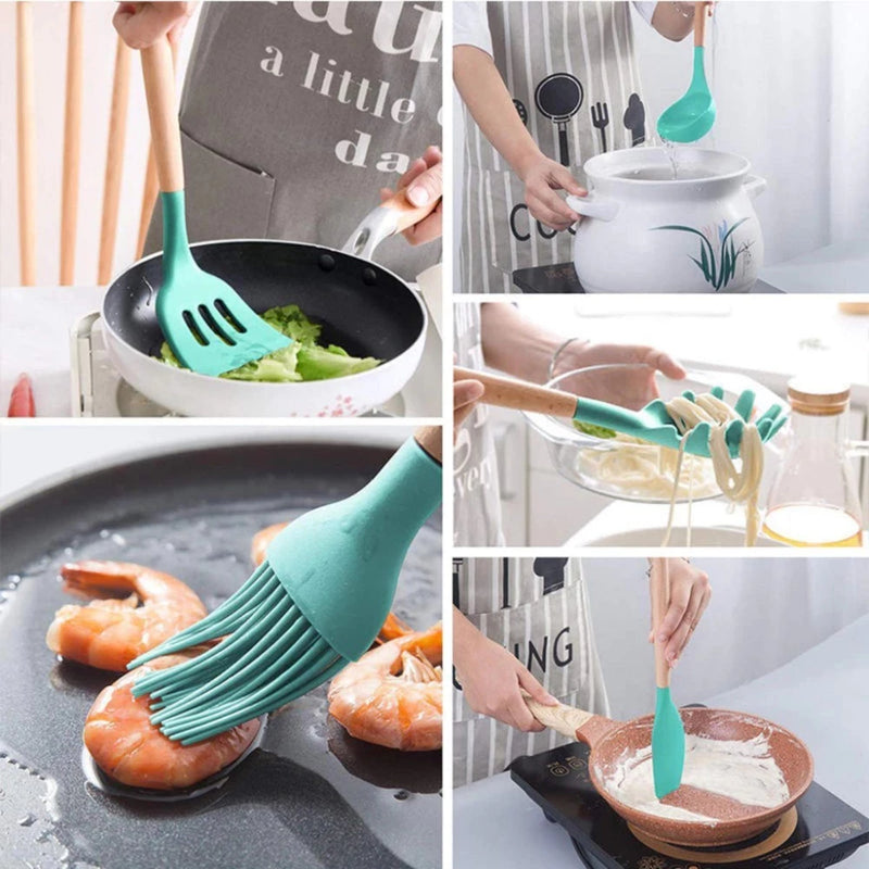 KIT de Utensílios Para Cozinha em Silicone e Bambu 12 Peças