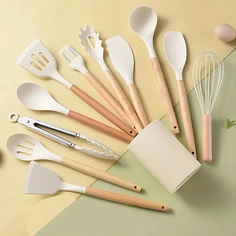 KIT de Utensílios Para Cozinha em Silicone e Bambu 12 Peças