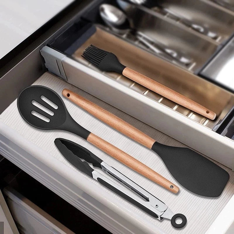 KIT de Utensílios Para Cozinha em Silicone e Bambu 12 Peças