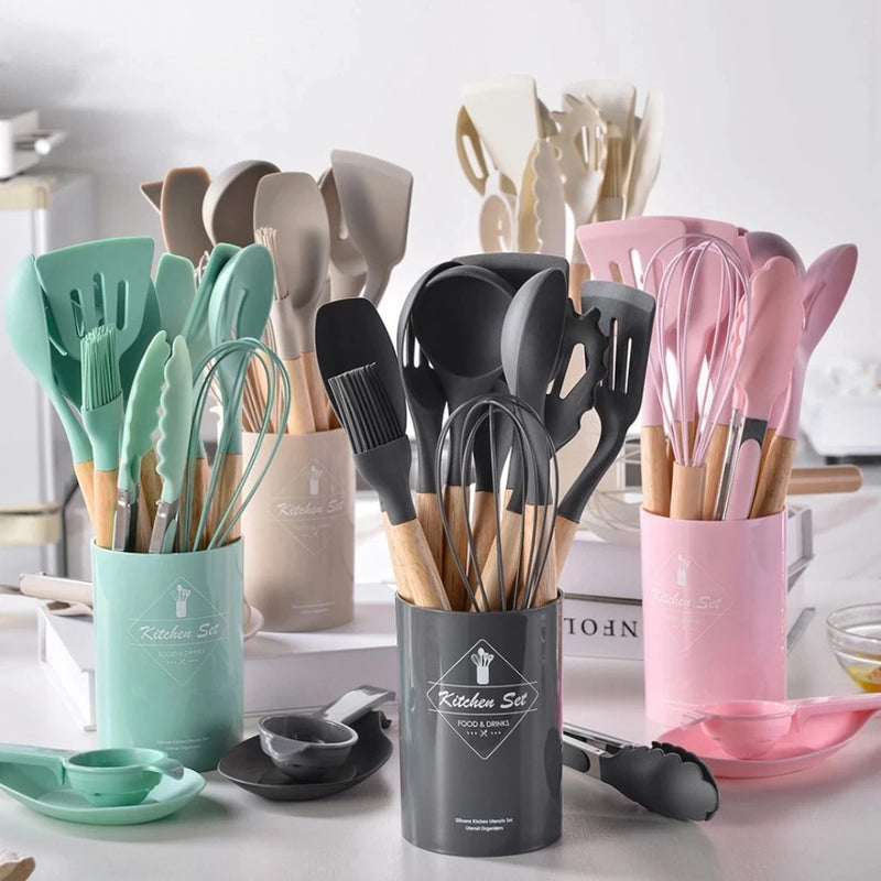 KIT de Utensílios Para Cozinha em Silicone e Bambu 12 Peças