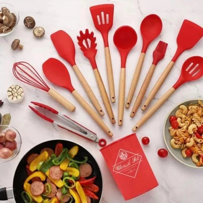 KIT de Utensílios Para Cozinha em Silicone e Bambu 12 Peças